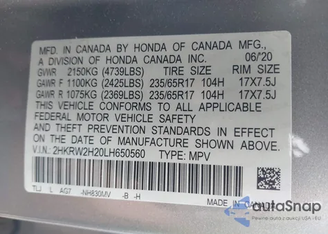 2020 Honda Cr-V Awd Lx from USA, damaged, VIN 2HKRW2H20LH650560